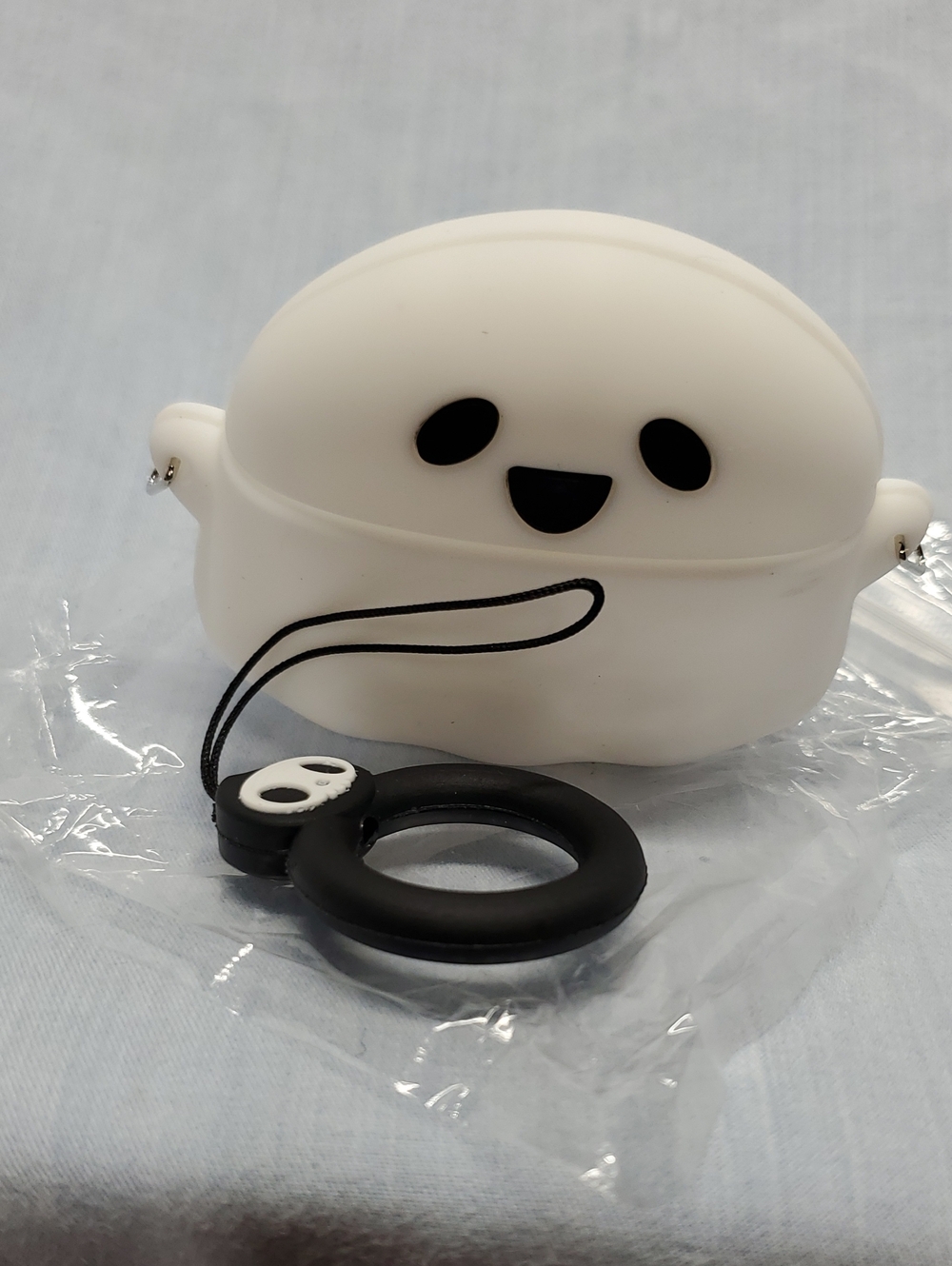 White Cute Silicone Earbud Case with Black Keyring Strap